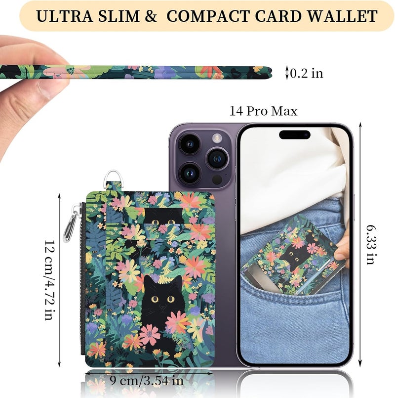 Hancynir Slim Wallet Women Credit Card Holder Flower Black Cat Green RFID Small Mini Card Case Front Pocket PU Leather Thin Travel Zipper Coin Cash ID Window Girls Wallet Gifts - Image 2
